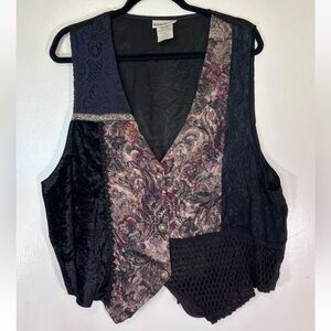 Women Vintage Boho Lace Velvet Vest Plus Size 18/20 Black Floral Patchwork USA